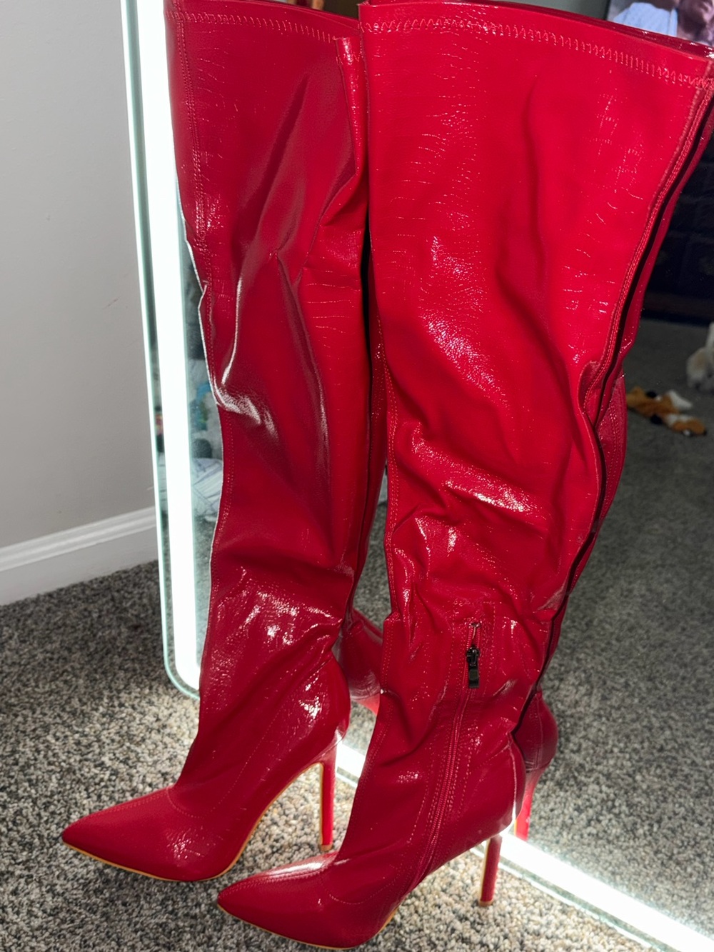 Red Patent Knee-High Stiletto Boots - Women